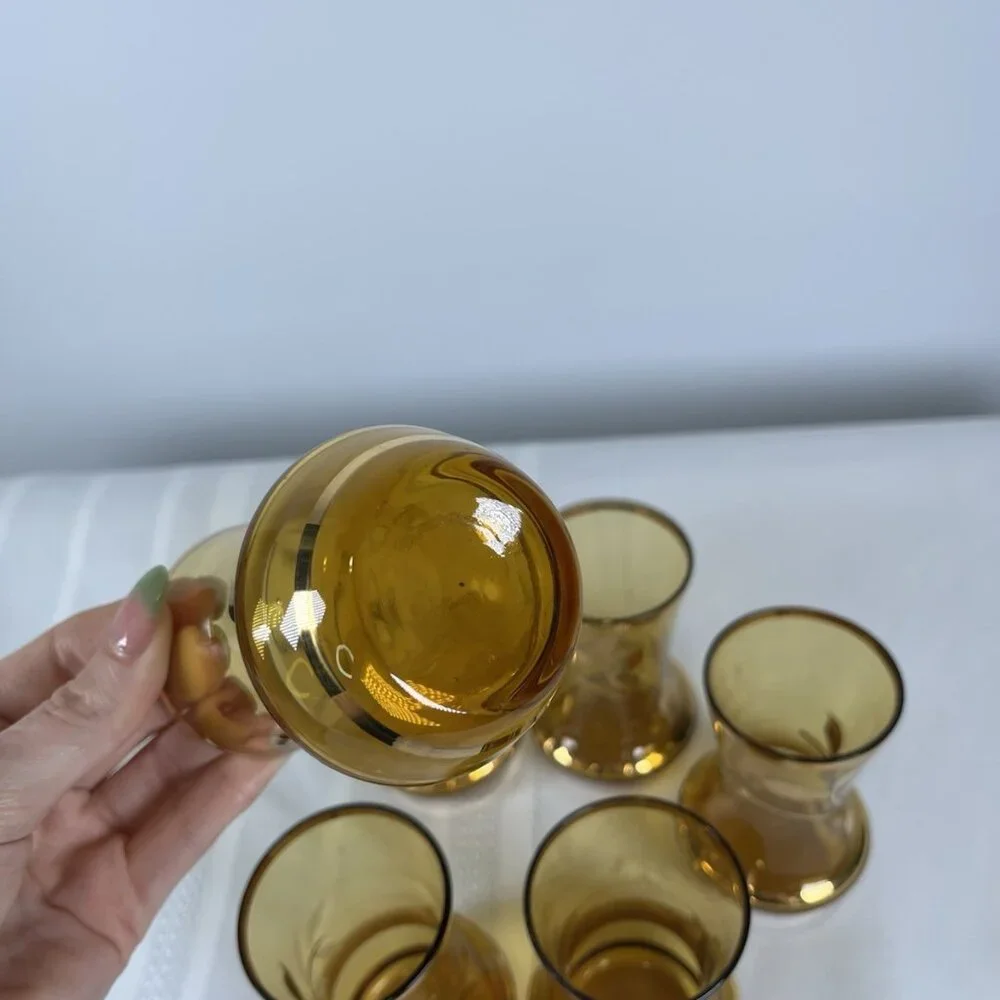 Bohemia Crystal 60s MCM Amber Decanter Floral & 6 Glasses Czech Mid Century RARE